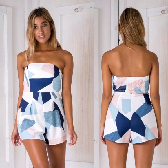 Strapless Stretchy Geometric Print Romper - Picture 2 of 6